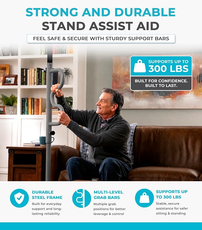 Stander Wonder Pole Plus with Rotating Double Grab Bar, Tension Mounted Security Pole for Seniors & Elderly Adults, No-Drill Floor to Ceiling Transfer Pole for Home & Bath Safety, Graphite