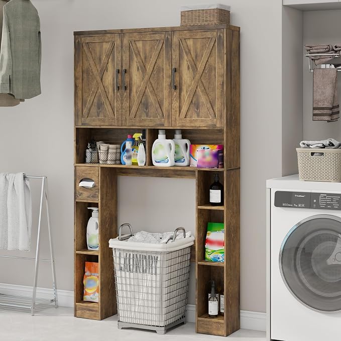 Vabches Over The Toilet Storage Cabinet, Farmhouse Toilet Cabinet Rack with 3 Barn Doors, Space Saving Bathroom Organizer with Shelves, Toilet Paper Holder and Towel Rack for Bathroom,Restroom, Brown