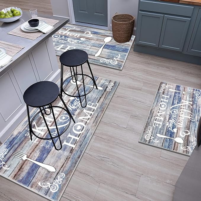 Vaukki Boho Kitchen Rug Sets 3 Pieces, Washable Kitchen Mats for Floor, Non Slip Soft Kitchen Area Rug Floor Mat for Kitchen, Laundry Room and Hallway (Blue and Brown, 20''x32''+20''x47''+20''x59'')