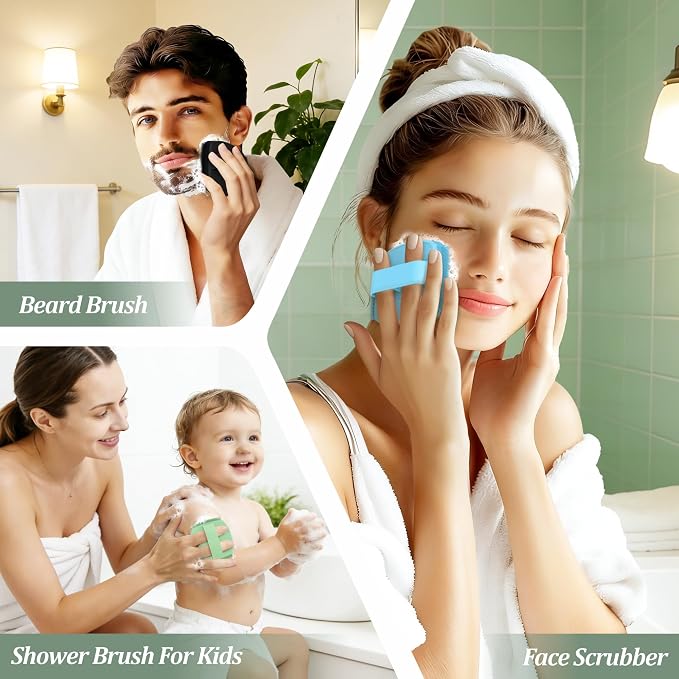 Silicone Back & Face Scrubber & Bath Glove Set 3PCS, 13.4'' Gentle Back Scrubber with Dual-Side Head, 360° Anti-Slip Bath Glove, Unique Side-bristled Face Scrubber for All-Round Cleaning(Blue)