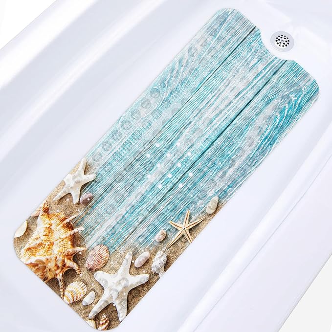 Seashells Summer Bath Mat Non Slip, Space Beach Wood 40 X 16 Inch Extra Long Bathtub Shower Mat for Tub Anti Slip with Suction Cups and Drain Holes for Kids Adults Elderly