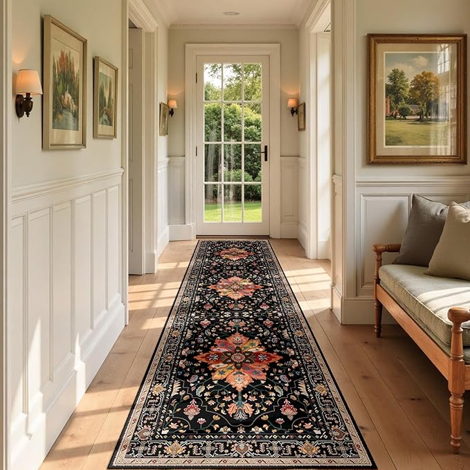 RELEANY Area Rugs Runner 2'x7' Washable Non-Slip, Floral Vintage Distress Medallion Carpet for Kitchen Hallway Bedroom Beside Laundry Room Bathroom, Black Colorful Floral Dark Tan