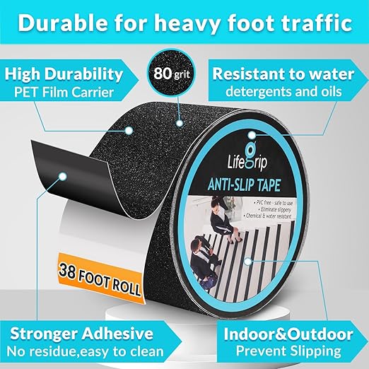 Lifegrip Anti Slip Traction Tape, 4 Inch x 38 Foot - Best Grip, Friction, Abrasive Adhesive for Stairs, Tread Step, Indoor, Outdoor (4" X 38')