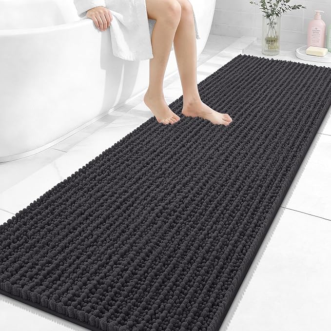 OLANLY Long Bathroom Rugs Runner 70x24, Thick Soft and Absorbent Chenille Bath Mat, Non-Slip, Machine Washable Quick Dry Bath Rugs for Tub Shower Floor, Home Decor Accessories, Dark Grey