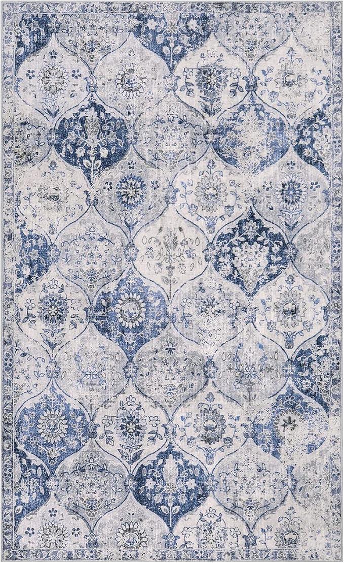 Lahome Moroccan Trellis Washable Small Area Rug, 3x5 Area Rug for Bedroom Living Room, Non-Slip Oriental Throw Carpet for Kitchen Office Entryway Bathroom Office Elise, White/Royal Blue