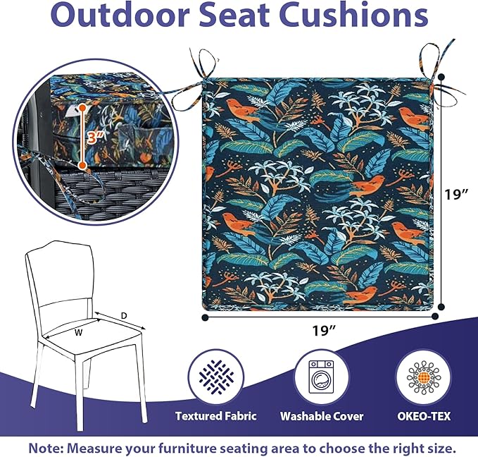 IPYNBAP Outdoor Chair Cushions Set of 4 -Waterproof Outdoor Seat Cushions for Patio Furniture, Patio Chair Cushion with Handle and Ties, Out Door Chair Pads,19x19x3-Square, Black Nightingale