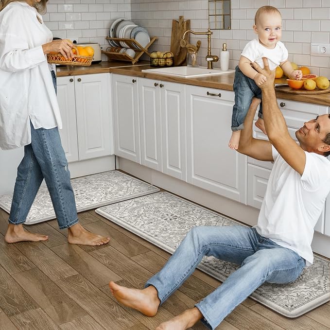KIMODE Kitchen Mats Cushioned Anti Fatigue, Boho Vintage Grey Kitchen Rugs Sets of 2, Non-Slip Kitchen Mats for Floor, Padded Kitchen Floor Mat for Sink, Laundry, Office, Desk,17"x47"+17"x29"