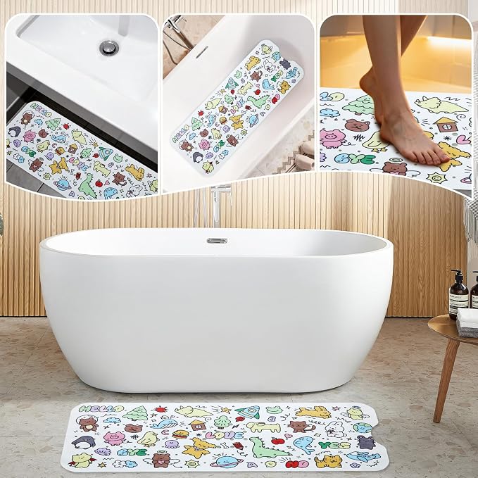 Baby Bath Mat for Tub Non Slip Kids Bathtub Mat Extra Long 40X16 Inch Toddler Bath Tub Shower Mat Anti Slip with Suction Cups & Drain Holes, Machine Washable (Cartoon)