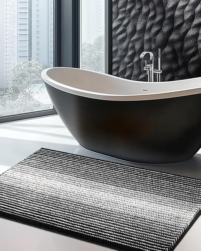 BSICPRO Chenille Bathroom Rugs, 24 x 43 Inches Non Slip Absorbent Bath Mat, Soft Shaggy Shower Bath Floor Mats for Bathroom, Machine Washable(Black)