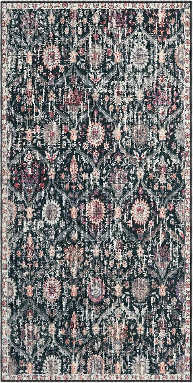Lahome Kitchen Rugs Non Slip Washable Rugs for Entryway, 2x4 Rug Non-Slip Moroccan Trellis Ultra-Thin Indoor Door Mat Small Carpet for Bathroom Bedroom Entry Elise, Black/Multi