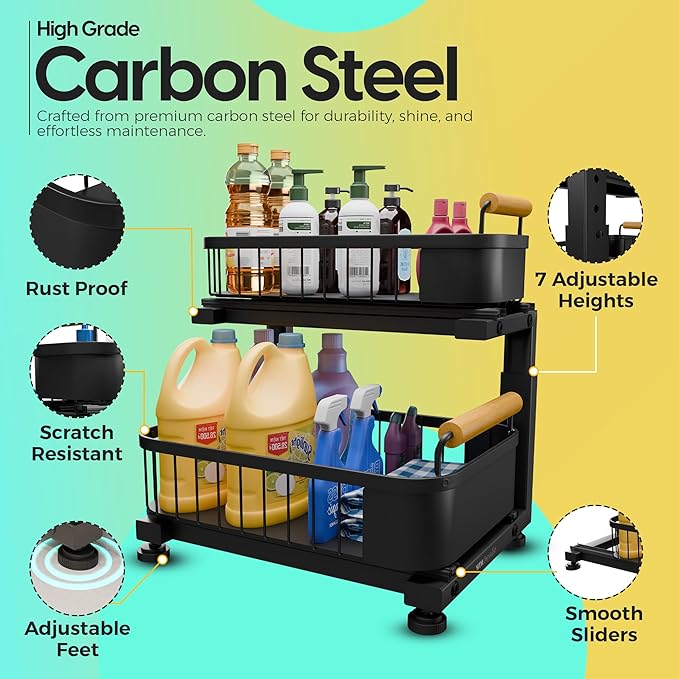 Premium Heavy Duty Carbon Steel Under Sink Organizer, Large 2 Tier Pull Out Cabinet Organizer, 7 Adjustable Heights with Smooth Ball Bearing Sliding Baskets for Bathroom & Kitchen