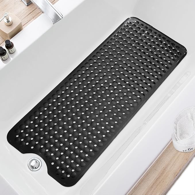 TEESHLY Bath Tub and Shower Mats, Non Slip 40 x 16 Inch Extra Long Bathtub Mat, Machine Washable Bathmat with Drain Holes, Suction Cups for Bathroom Floor, Black