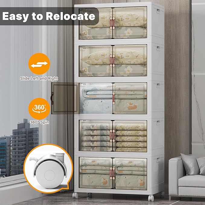 UAMFURI Stackable Storage Bins with Lids & Wheels & Door, Foldable Collapsible Closet Organizers, Extra Large Plastic Storage Drawers for Bedroom Dorm Office Garage (White-175QT, 5Pack with 2 top lid)