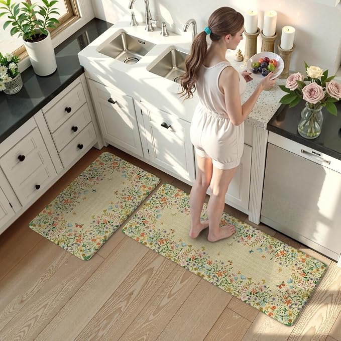 KIMODE Anti Fatigue Mats for Kitchen Floor 17"x47"+17"x29", Brown Butterfly Floral Kitchen Rugs Sets of 2, Cushioned Kitchen Floor Mats, Non Slip Standing Mat for Sink Laundry Office Desk