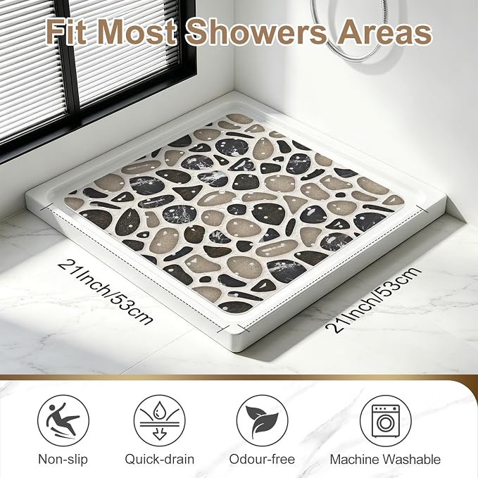 Square Shower Mat, 21x21 Inch Non Slip Shower Mats for Inside Shower Stall, Soft PVC Anti Slip Shower Mat with Sucion Cups, Machine Washable Bathroom Shower Floor Mat for Elderly Kids
