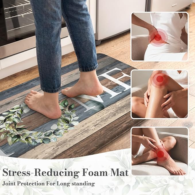 KIMODE Farmhouse Kitchen Mats for Floor 2 Piece,Cushioned Anti Fatigue Rugs Non Slip,Memory Foam Waterproof Carpet for Sink Laundry Office Bathroom,Blue 17"x47"+17"x29"