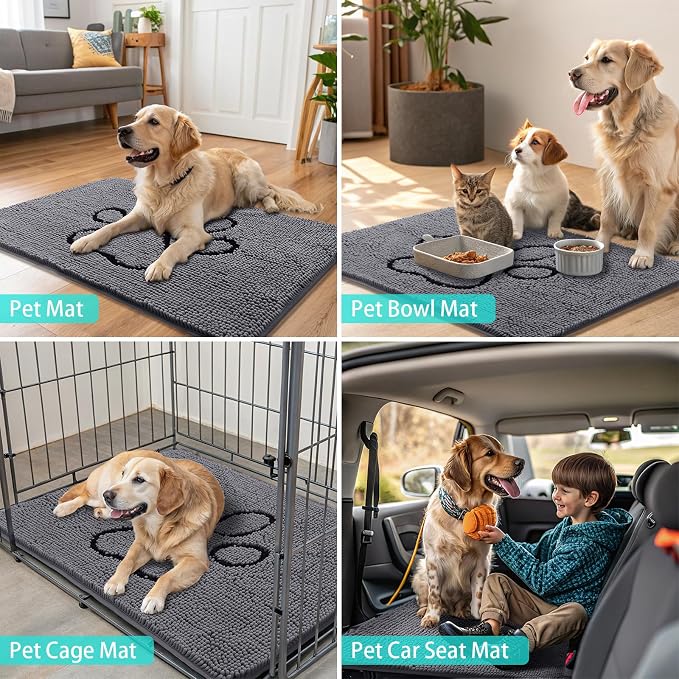 Smiry Dog Door Mat for Muddy Paws, Absorbent Dirt Trapper Non Slip Quick Dry Washable Chenille Mat for Mud Dogs, Entry Rug for Indoor and Outdoor (70x24 Inches, Dark Grey and Black)