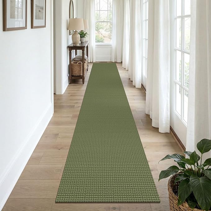 KOZYFLY Cotton 2x12 Runners Rugs for Hallway, Long Washable Runner Rug, Woven Non Slip Kitchen Runner, Braided Entryway Rug, Floor Carpet for Entry, Aisle, Hall, Olive Green/Earthy Green