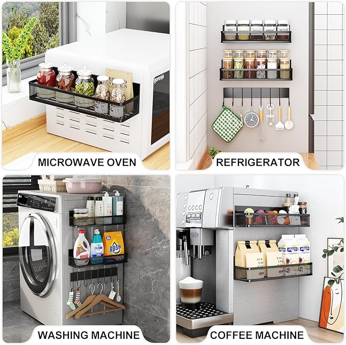 Aufworld Magnetic Spice Rack for Refrigerator, 3 Pack Magnetic Shelf, Moveable Fridge Organizer with 8-Hook Rack, Seasoning Organizer for Kitchen