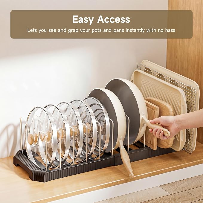 MUDEELA Pot Lid Organizer Rack for Cabinet, Expandable Pots and Pans Organizer under Cabinet with 12 Adjustable Dividers, Pan Organizers Holder inside Cabinet for Cutting Boards, Baking Sheets, Black