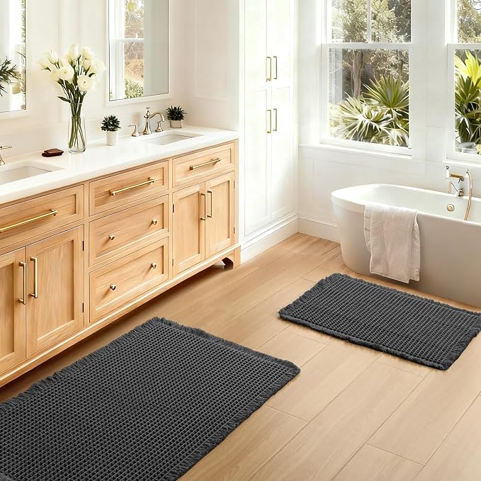 JIUZHEN Set of 2 Waffle Bath Mats Super Absorbent Boho Bath Rugs Non Slip Washable Bathroom Rugs Ultra Soft Machine Washable Shower Mats for Bathroom Floor, Tub, 16" x 24" +24" x 36", Black