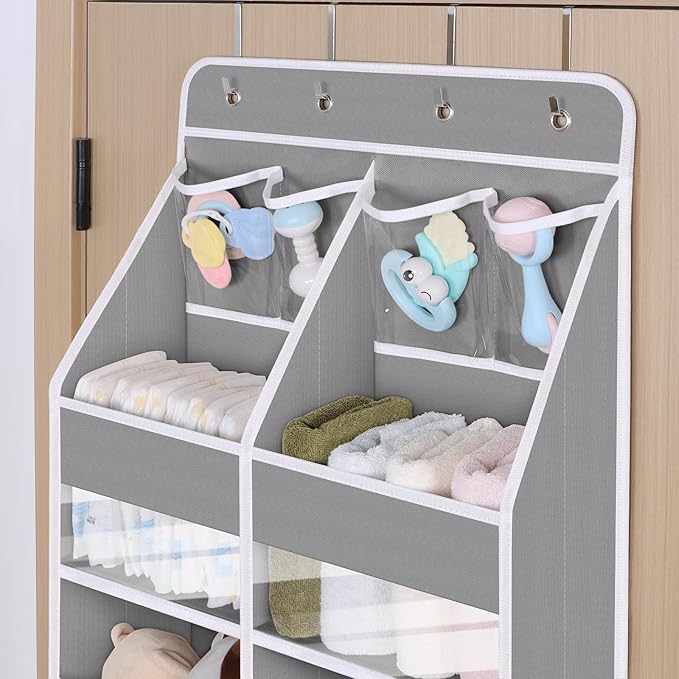 Univivi 6-Shelf Over Door Hanging Organizer Fabric Door Organizer with 10 Deep Pockets and 4 Small PVC Pockets Hanging Storage Organizers for Baby Nursery(Grey)
