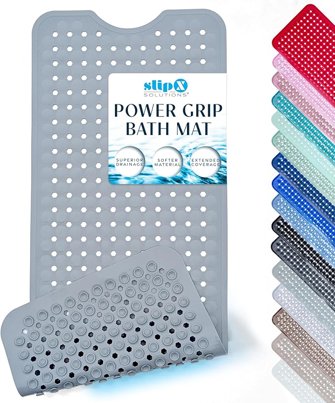 SlipX Solutions Power Grip Bathtub Safety Mat | Precision Grip Technology for Longer, Stronger, & Softer Wet Surface Protection | Solid Gray 39"x16"