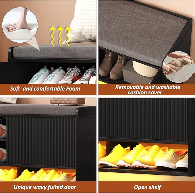 HOMEFORT 39.4" Fluted Shoe Storage Bench, Entryway Bench with Linen Seat Cushion, Shoe Cabinet Bench with Adjustable Shelf and Built-in LED Sensor Light, Bench for Bedroom End of Bed,Black