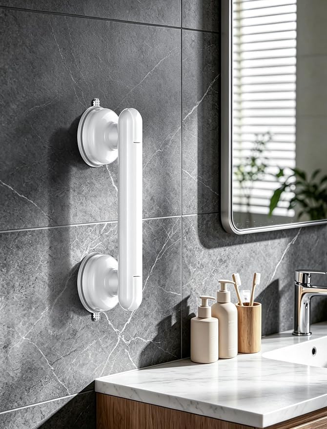 Grab Bars for Bathtubs and Showers, Shower Handles for the Elderly and People in Need, 2026 Upgraded Rubber Suction Cup with Maximum 350 lbs Suction Power, No Drilling-(White-1 Pack)
