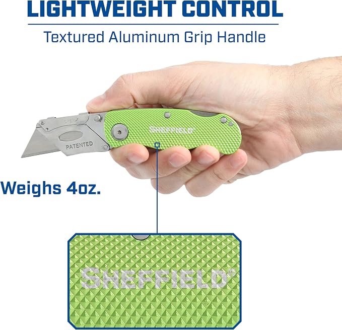 Sheffield Folding Utility Knife, Accepts Standard Utility Knife Blades, Box Cutter Aluminum Handle, Razor Blades Included, For Home, Office, Trades, and Warehouse