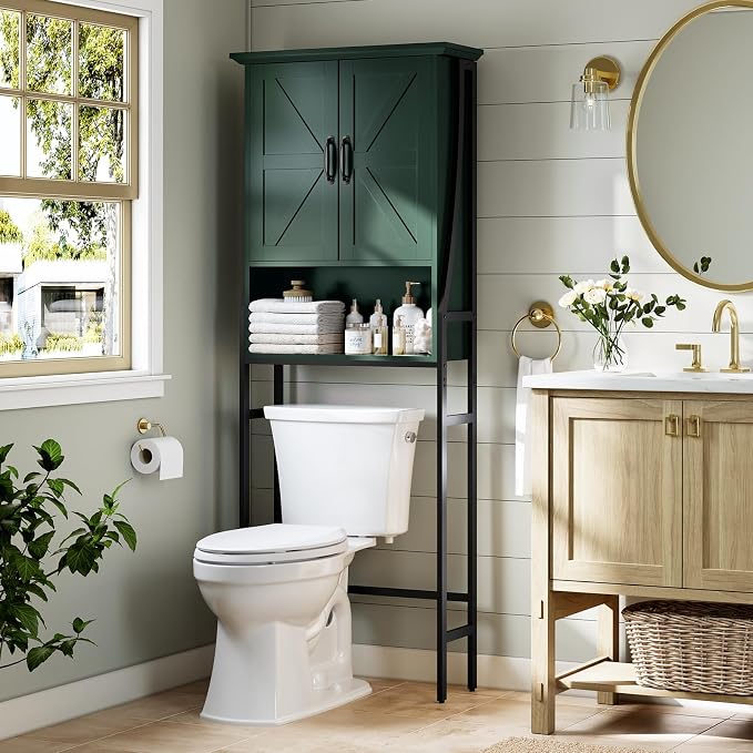Over The Toilet Storage Cabinet, Over Toilet Bathroom Organizer with Barn Doors Above Toilet Storage Cabinet Spacesaver Behind Toilet Bathroom Organizer (Forest Green)