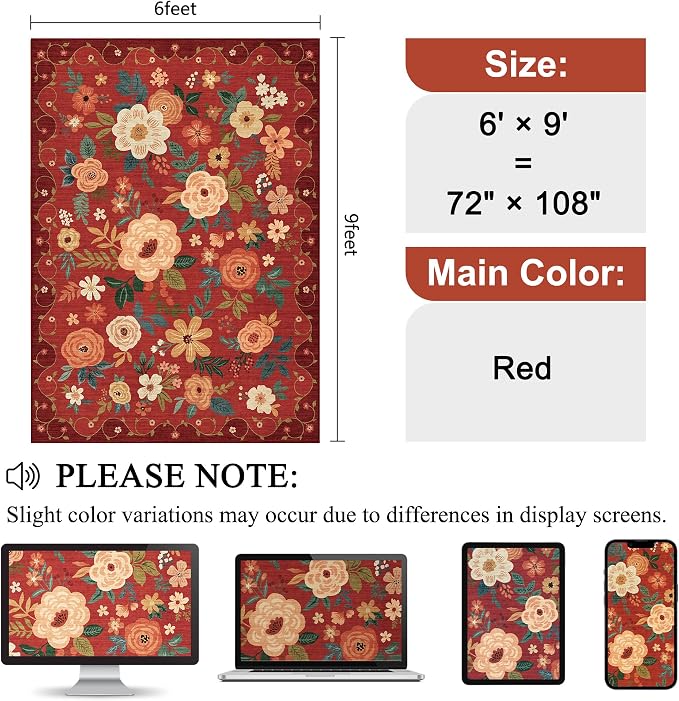 DUKINO 6x9 Area Rug, Floral Rugs for Living Room, Lightweight Non Slip Washable Rug, Indoor Low Pile & Non-Shedding Boho Design Rugs for Bedroom, Living Room, Dining Room, Red