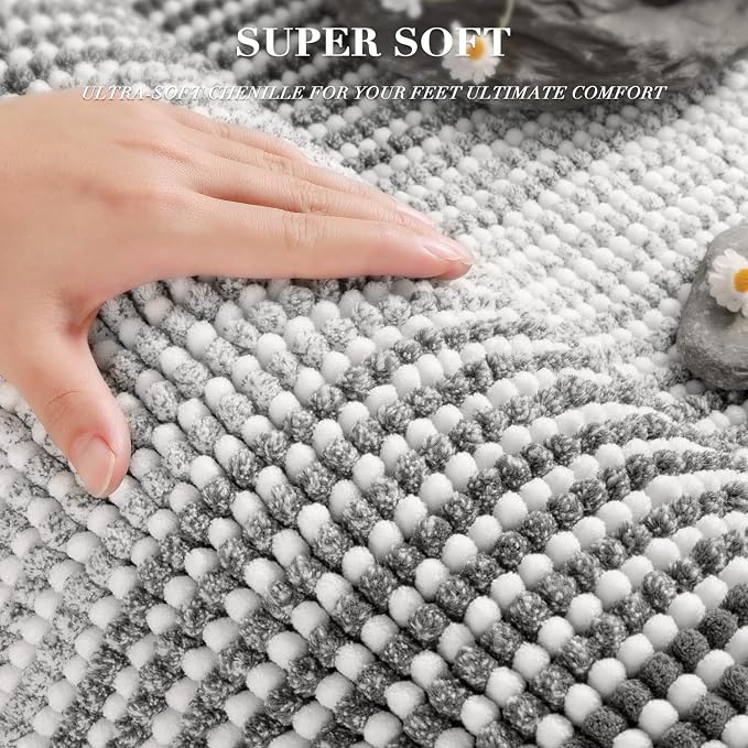 BSICPRO Bathroom Rugs and Mats Sets, 2 Piece Thick Absorbent Chenille Bath Mat Rug Set Non Slip, Soft Shaggy Bath Room Floor Mats for Bathroom, Machine Washable (Gray, 20" x 60" Plus 20" x 32")