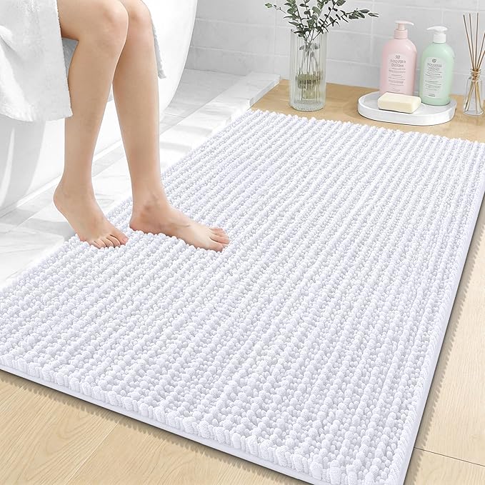 OLANLY Bathroom Rug Mat 40x32, Thick Soft and Absorbent Chenille Bath Mat, Non-Slip Rubber Backing, Machine Washable Quick Dry Bath Rugs for Tub Shower Floor, Home Decor Accessories, White
