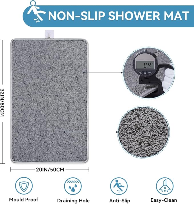 Non Slip Shower Mat Bathtub Mat 20x32 Inch, Quick Dry Bath Mat with Drain, Soft PVC Imitation Loofah Foot Scrubber Bath Mats for Bathroom Tub Shower Floor, Hangable & Hook Included, Gray