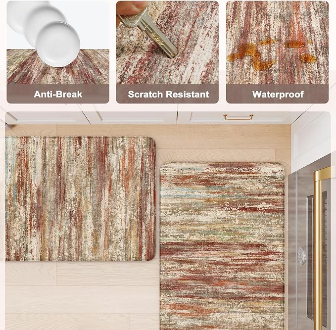KIMODE Anti Fatigue Kitchen Mats for Floor 2 Piece, Red Brown Farmhouse Kitchen Rugs Non Slip, Ergonomic Cushioned Standing Mat for Office Sink Laundry Desk 17"x47"+17"x29"