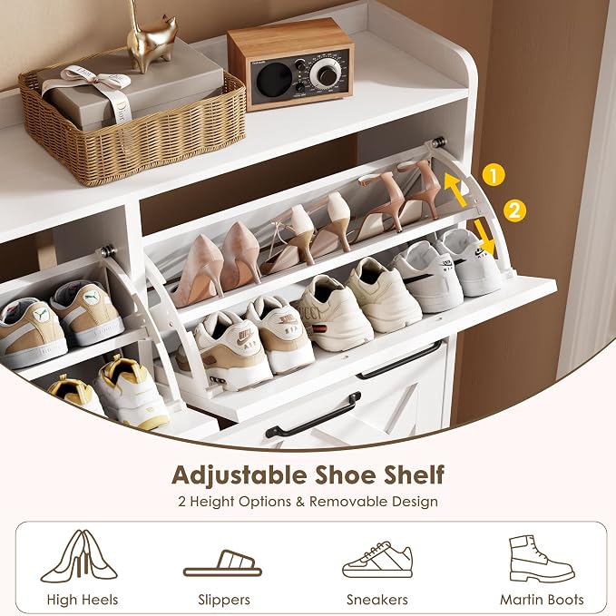Nicetree Shoe Cabinet with 4 Flip Drawers, Freestanding Shoe Organizer Cabinet with Metal Legs, Farmhouse Slim Shoe Rack Cabinet for Entryway, Foyer, Hallway, White