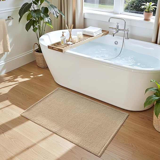 DEXI Bathroom Rugs 36x24, Non Slip Washable Bath Mat, Absorbent Chenille Bathmat, Ultra Soft Thick Carpet for Tub Shower Floor, Beige