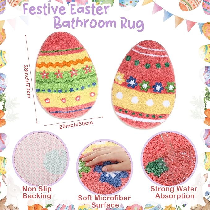 Capoda Easter Bathroom Rug 20 x 28 Inch Colorful Easter Egg Door Mat Non-Slip Washable Soft Spring Welcome Floor Mat for Indoor Outdoor Home Kitchen Bathroom Decor(2 Pcs, Egg)