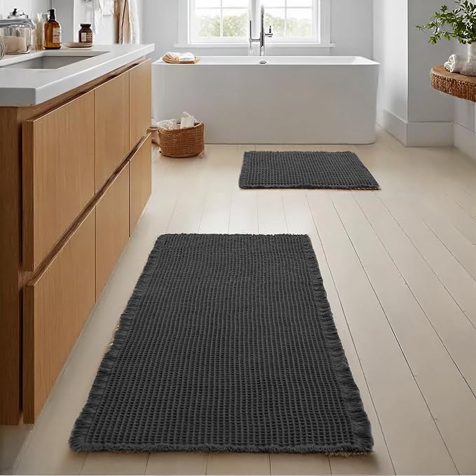 JIUZHEN Set of 2 Waffle Bath Mats Non Slip Waffle Bathroom Runner Rug Washable Boho Runner Bath Rugs Super Absorbent Shower Mat for Bathroom Kitchen Hallway Laundry, 16" x 24" +24" x 48", Black