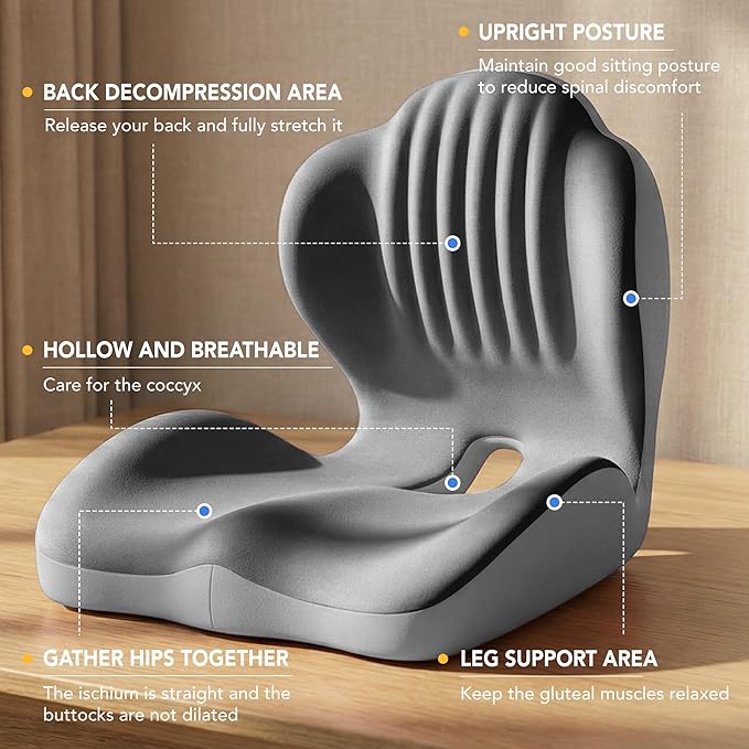 Ergonomic Seat Cushion, Office Chair Seat Cushions with L-Shaped Integrated Design, Memory Foam Orthopedic Cushion with Coccyx Hollow, Lumbar Support & Tailbone Pain Relief for Long Sitting (Grey)