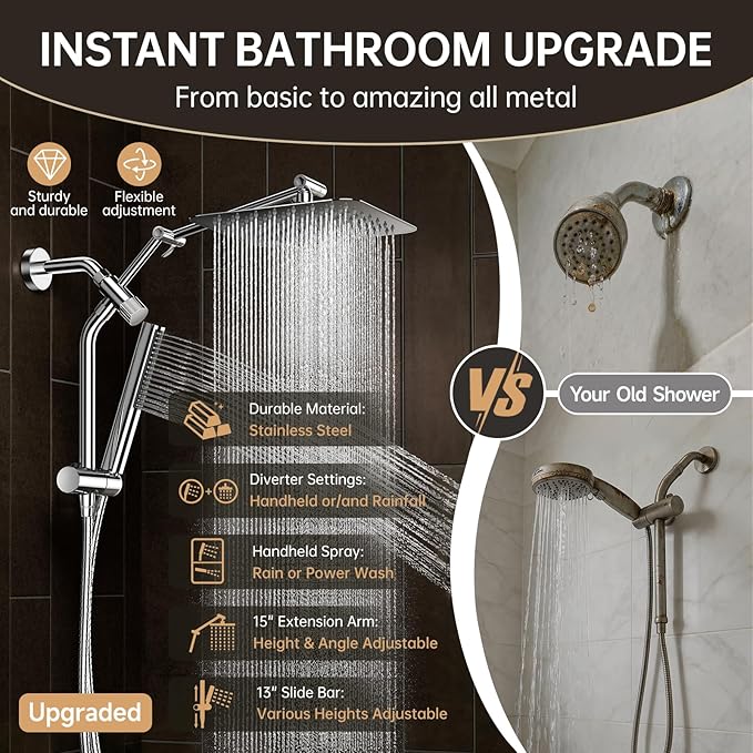 Veken All Metal 10" Shower Head with Handheld, Luxurious Square Double Rain Shower Heads with Spray Combo, Dual High Pressure Detachable Rainfall Showerhead with Extension Arm, Long Hose,Chrome,Sliver