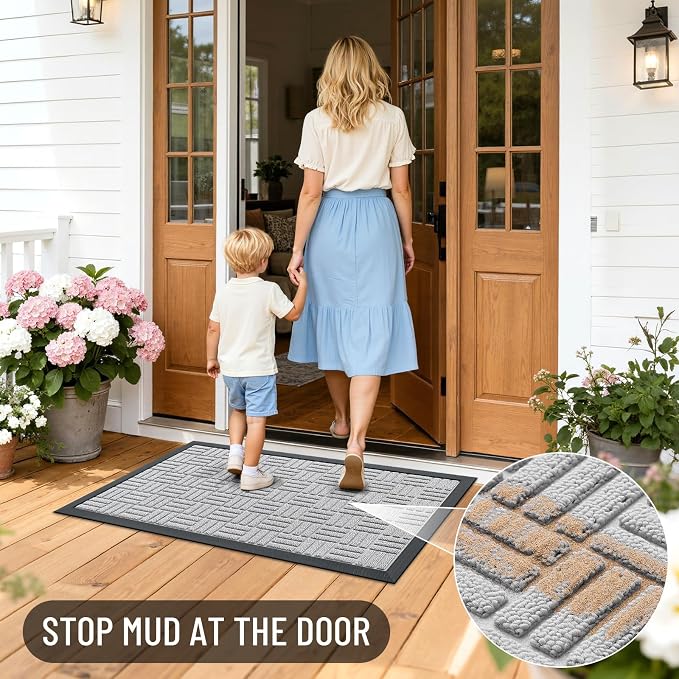 OLANLY Front Door Mat Outside Entrance 47x32, Absorbent, Heavy Duty Sturdy Natural Rubber Doormat Indoor Outdoor, Non-Slip, Stain and Fade Resistant, Low Profile Floor Mat for Entryway, Light Gray