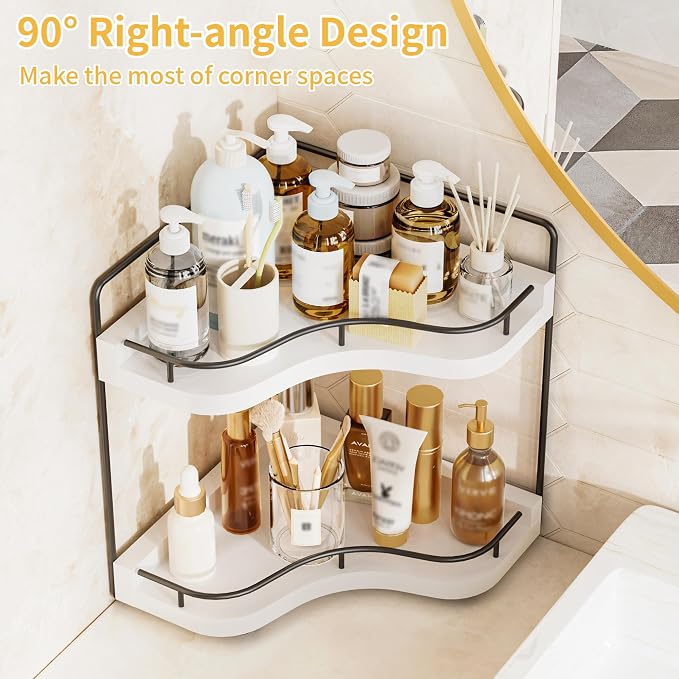 2-Tier Corner Bathroom Counter Organizer with Embedded Screw Holes, Secure & Stable Wood Vanity Shelf for Makeup and Skincare Essentials - Space Saving Bathroom Countertop Storage, White