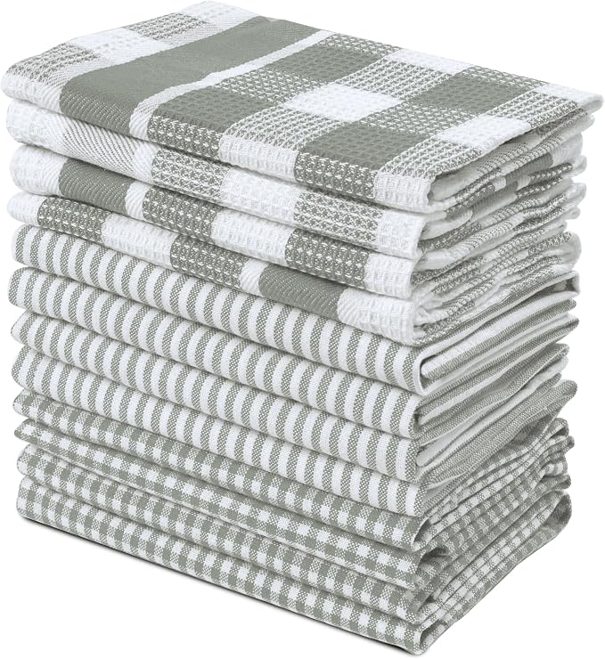 LANE LINEN 100% Cotton Kitchen Dish Cloths, Ultra Soft Absorbent Quick Drying Dish Towels, Multiweave Wash Cloths Dish Towel Sets, 12x12 Inches, 12 Pack - Grey