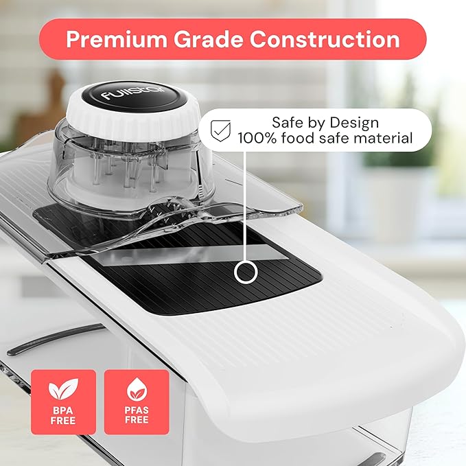 Fullstar Mandoline Slicer for Kitchen, Fruit Cutter, Cheese Grater, Cucumber Slicer, Veggie Spiralizer, Food Cutter & Kitchen Gadgets & Gifts with Safety Glove (6 in 1, Clear)