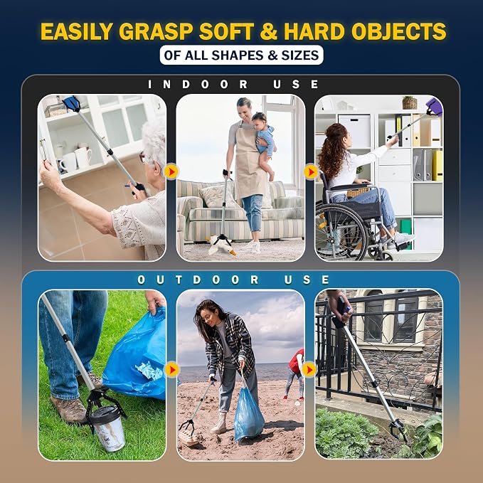 3 Claw Grabber Reacher Tool Heavy Duty, 2025 Updated 32" Lightweight, Foldable, Wide Jaws, Steel Cable, Rubberized Strong Grip Garbage Trash Picker Upper Grabber for Seniors Pick Up Stick Pickup Tool