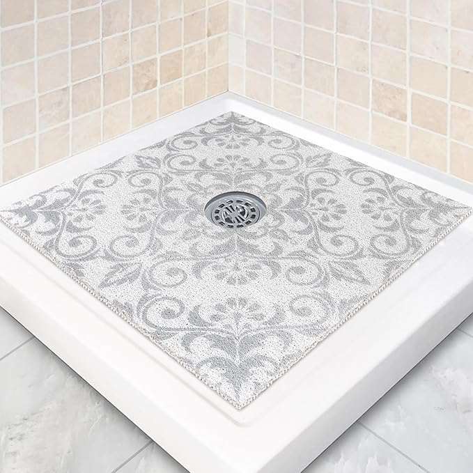 Square Shower Mat Non Slip: 24 x 24 Inch Shower Mats with Drain Hole in Middle - PVC Loofah Anti Slip Shower Floor Matt for Inside Shower