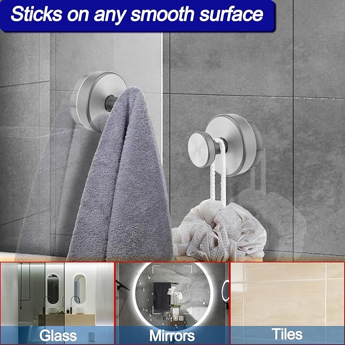 Bntuk Suction Cup Hooks for Shower, Removable Towel Hooks for Bathroom Window Glass Door Wall, Bath Robe Looafh Hook for Hanging - 2 Pack, Silver
