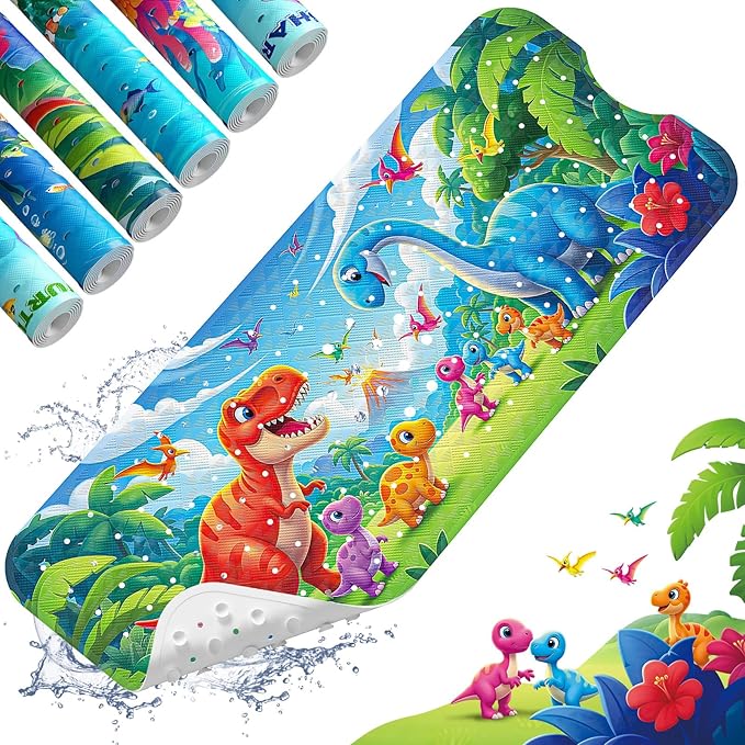 XIYUNTE Baby Bath Mat for Tub Non Slip Kids Bath Mat - 40''x16'' Extra Long Cartoon Bathtub Mat Non Slip Kids Shower Mat Eco-Friendly Toddler Bath Mats with Suction Cups, Machine Washable, Dinosaur